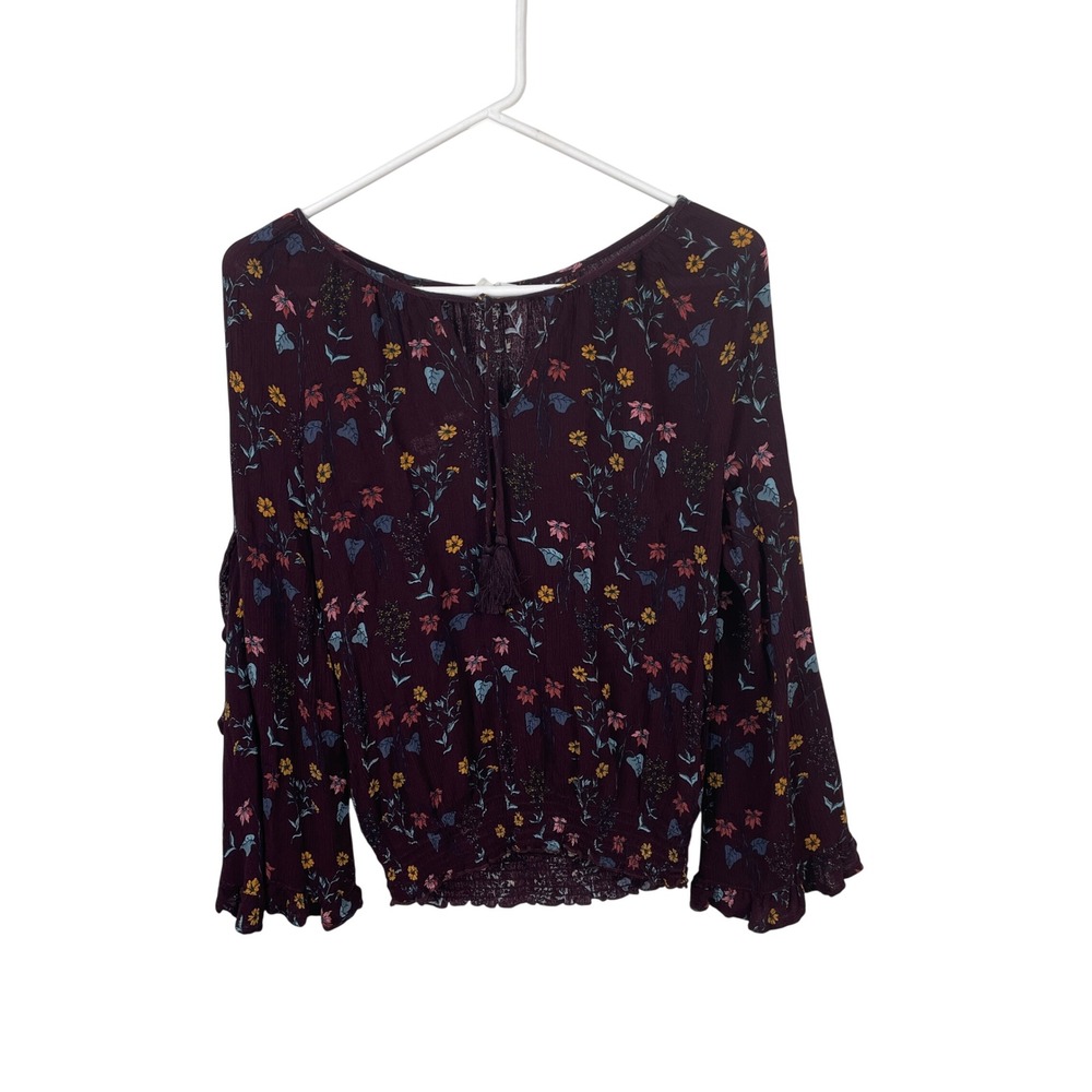 Aeropostale Womens XS Floral Peasant Top Burgundy Bell Sleeve Smocked Hem Tassel
